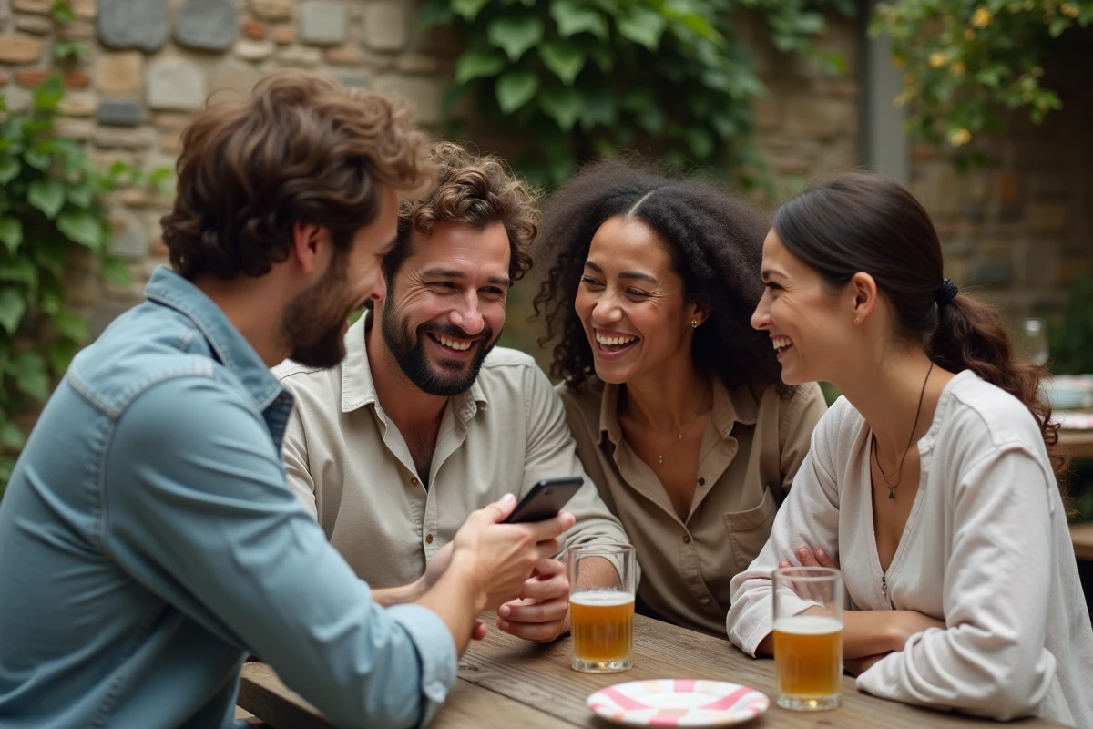 Groupe d'amis riant et s'émouvant en lisant un texte d'anniversaire original sur un smartphone dans un jardin rustique décoré