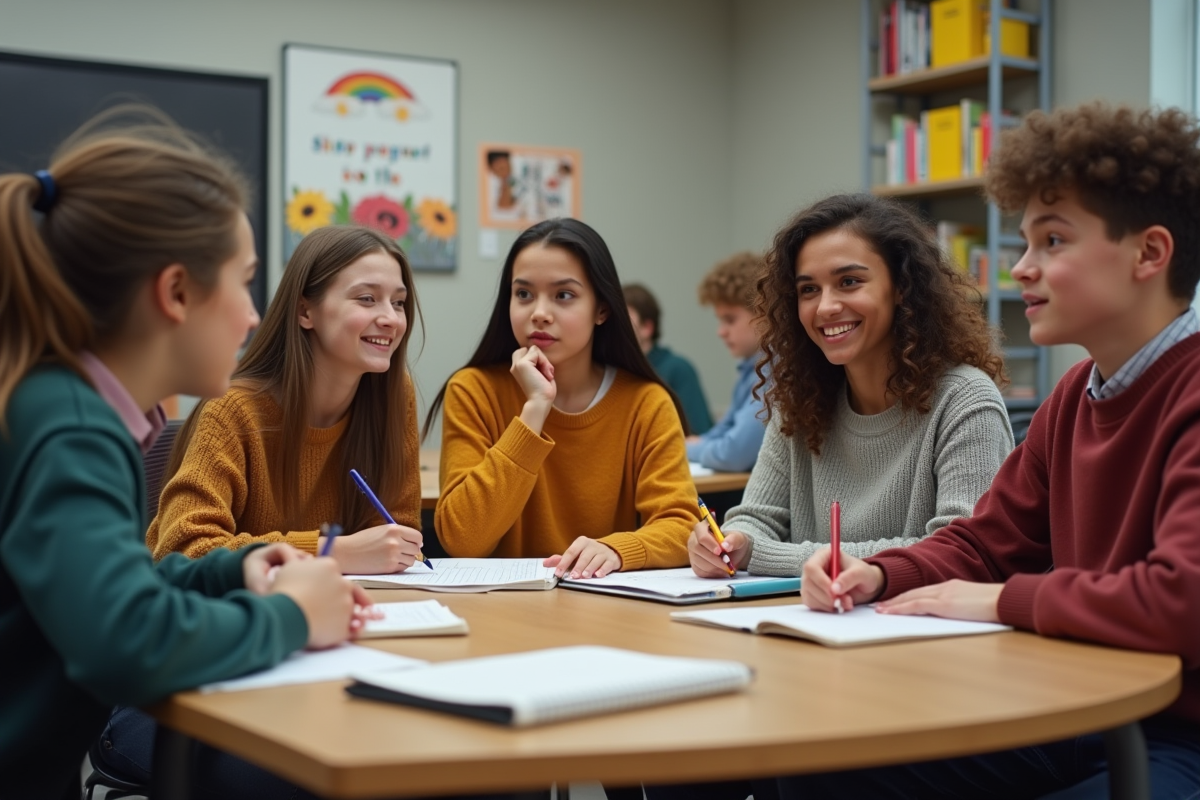 Groupe d'adolescents en discussion dans une classe moderne