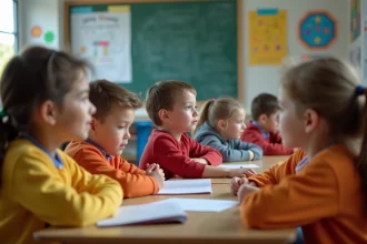 Groupe d'enfants de 8-9 ans en classe inclusive