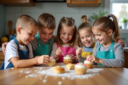 Enfants souriants décorant des cupcakes faits maison