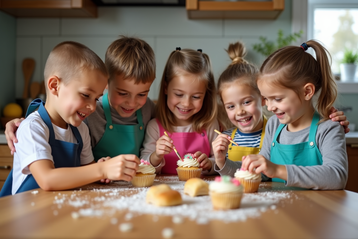 Enfants souriants décorant des cupcakes faits maison