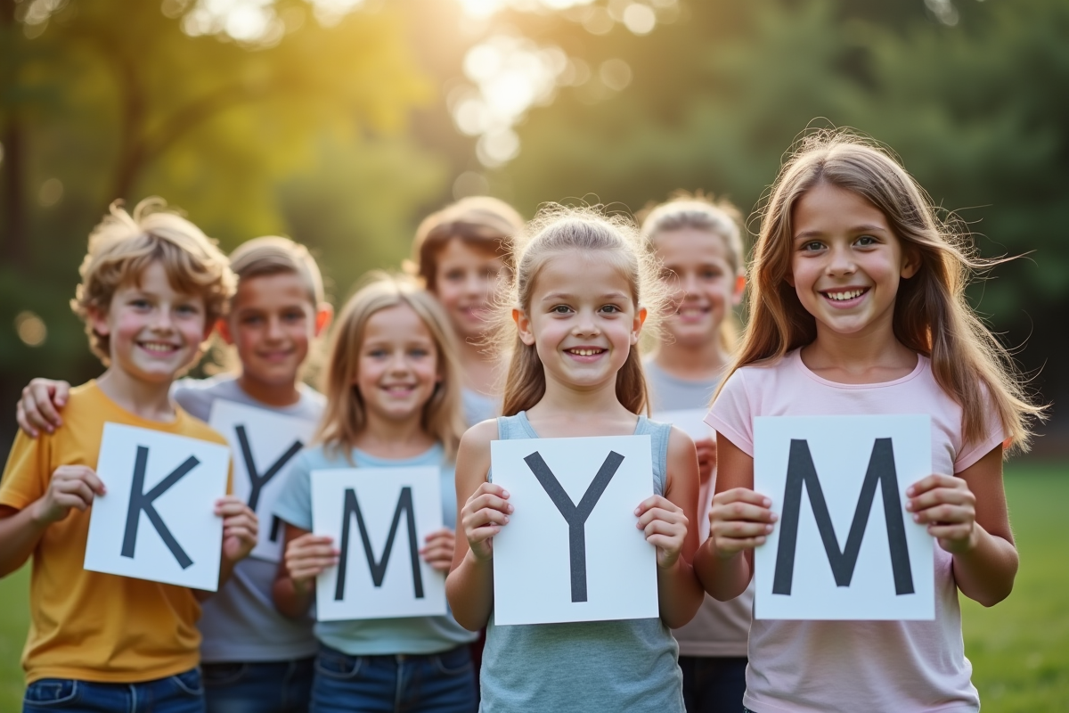 Groupe d'enfants avec prénoms en M en extérieur en plein jour