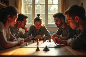 Groupe d'adultes et adolescents jouant à un jeu de société lumineux