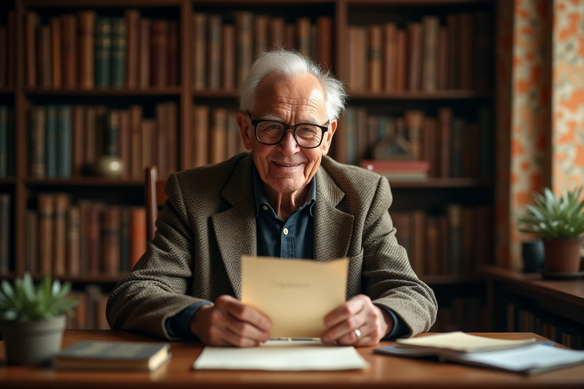 Homme âgé ému lisant une lettre d'anniversaire originale et touchante dans une bibliothèque vintage chaleureuse