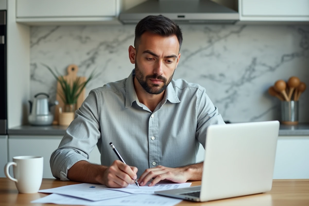 Homme calculant le budget d'un testament sur son ordinateur portable à la table de cuisine, représentant la planification financière de la protection des proches