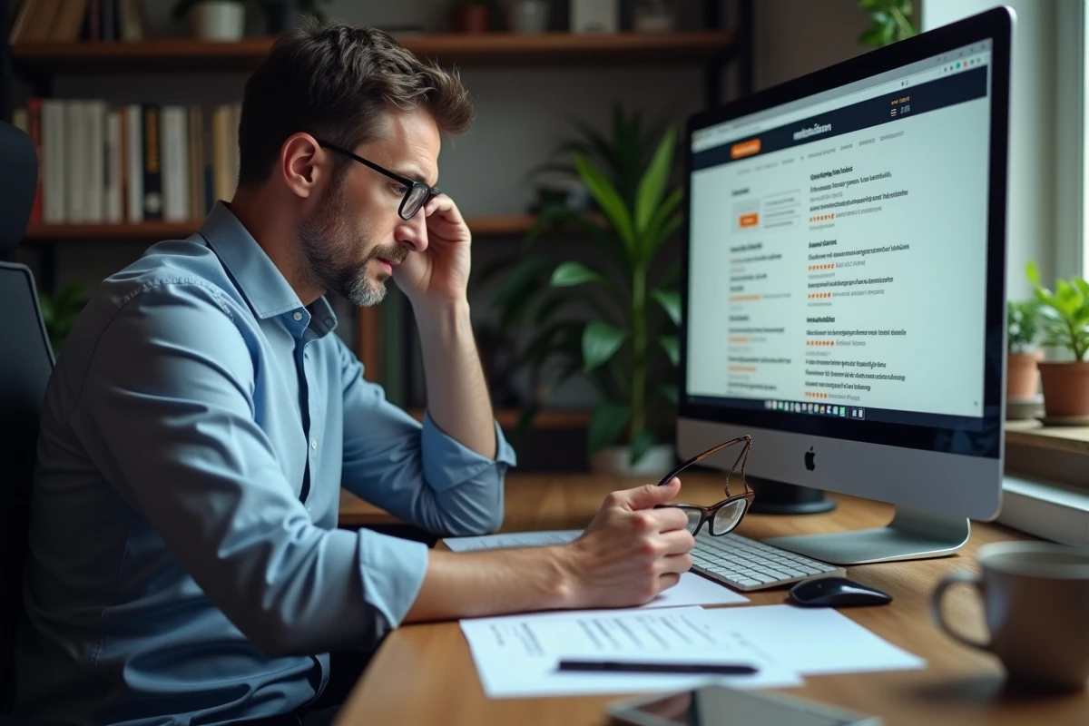 Homme d affaires lisant des avis en ligne sur son ordinateur