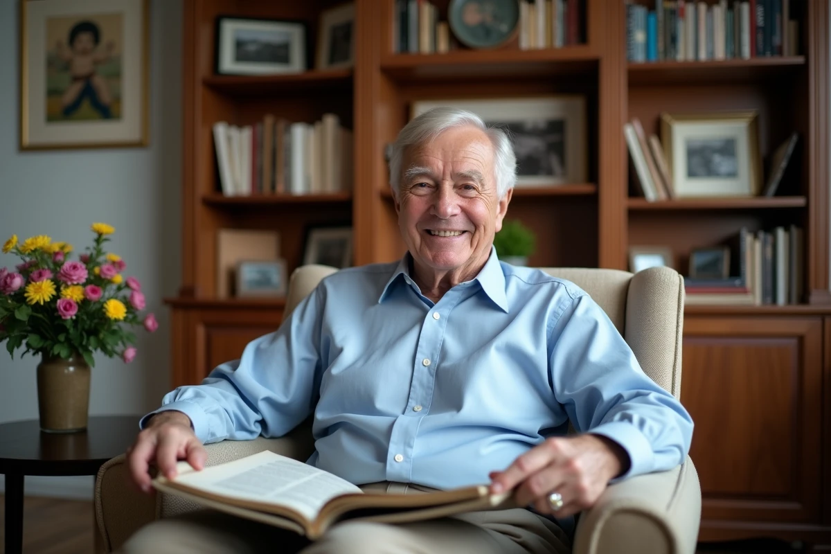 Homme âgé lisant un journal dans un salon chaleureux