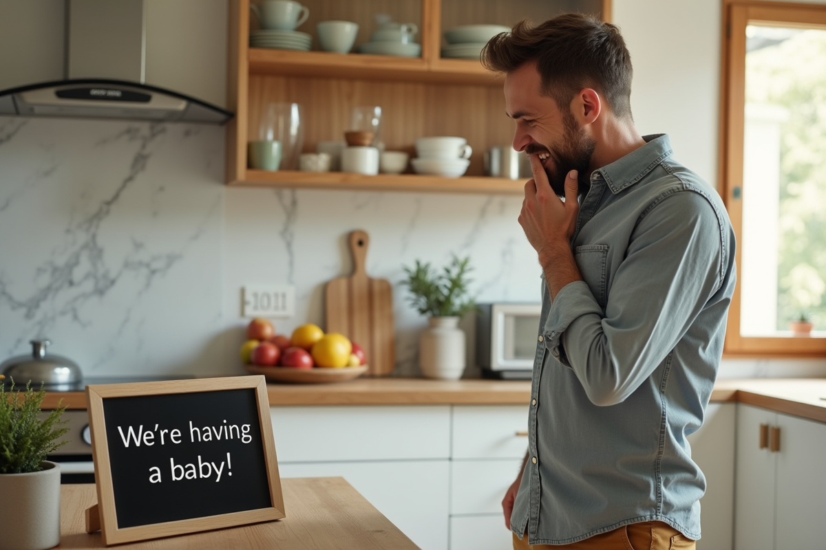 Homme découvrant un message annonçant une grossesse dans la cuisine