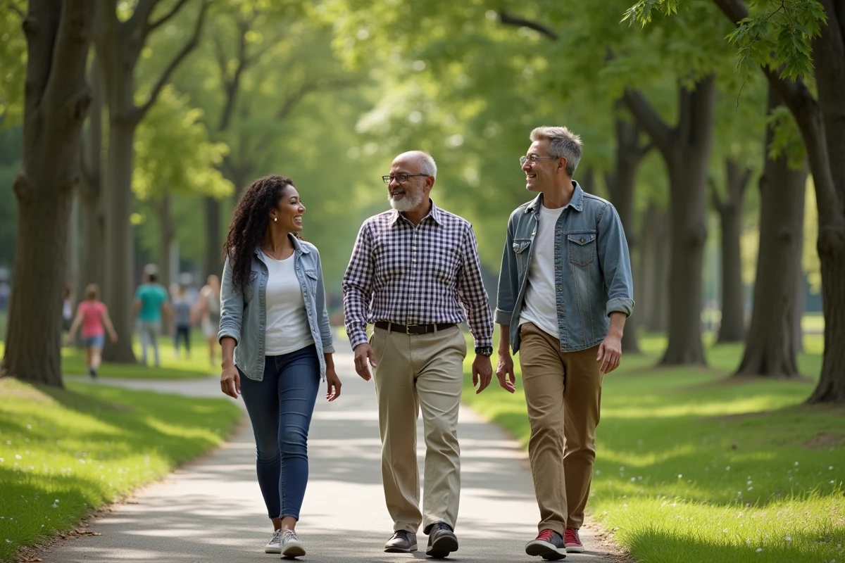 Homme riant avec deux amis dans un parc verdoyant