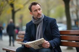 Homme réfléchi assis sur un banc parisien avec journal