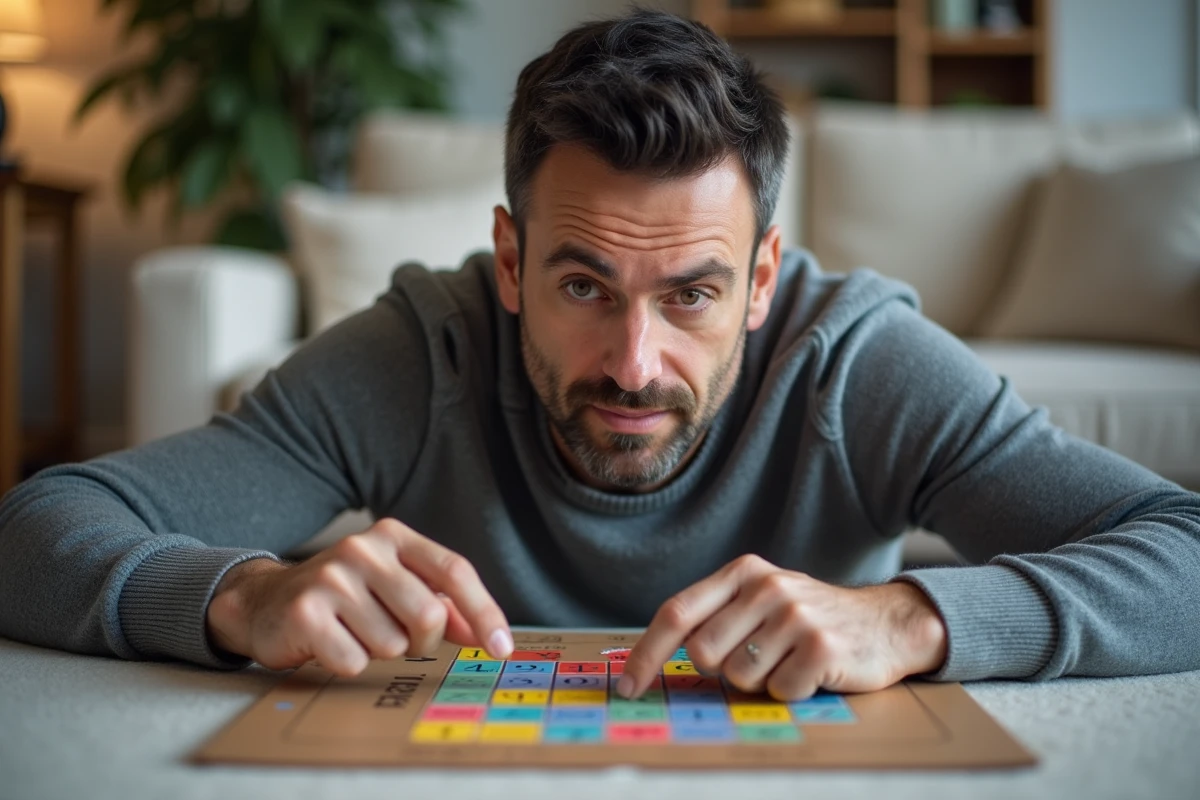 Homme indiquant les cases colorées du plateau de Trivial Pursuit lors d'une partie en famille