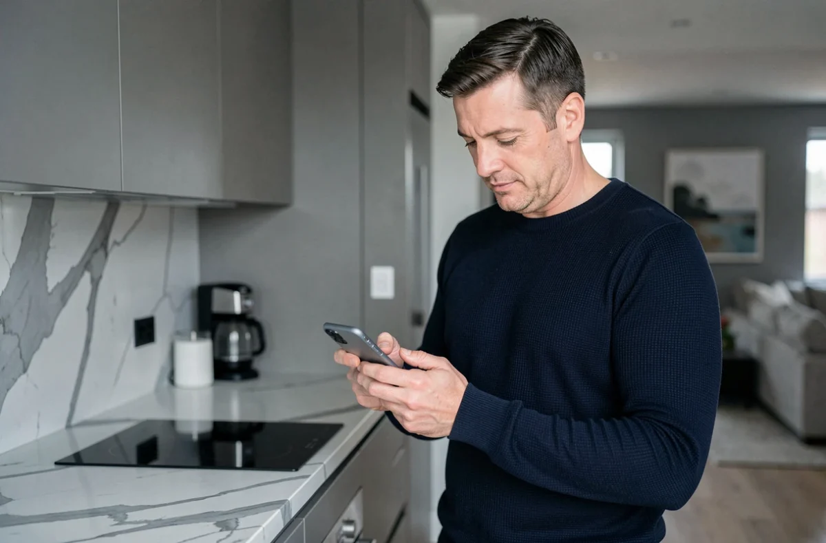 Homme consultant les paramètres de son compte sur smartphone dans une cuisine moderne