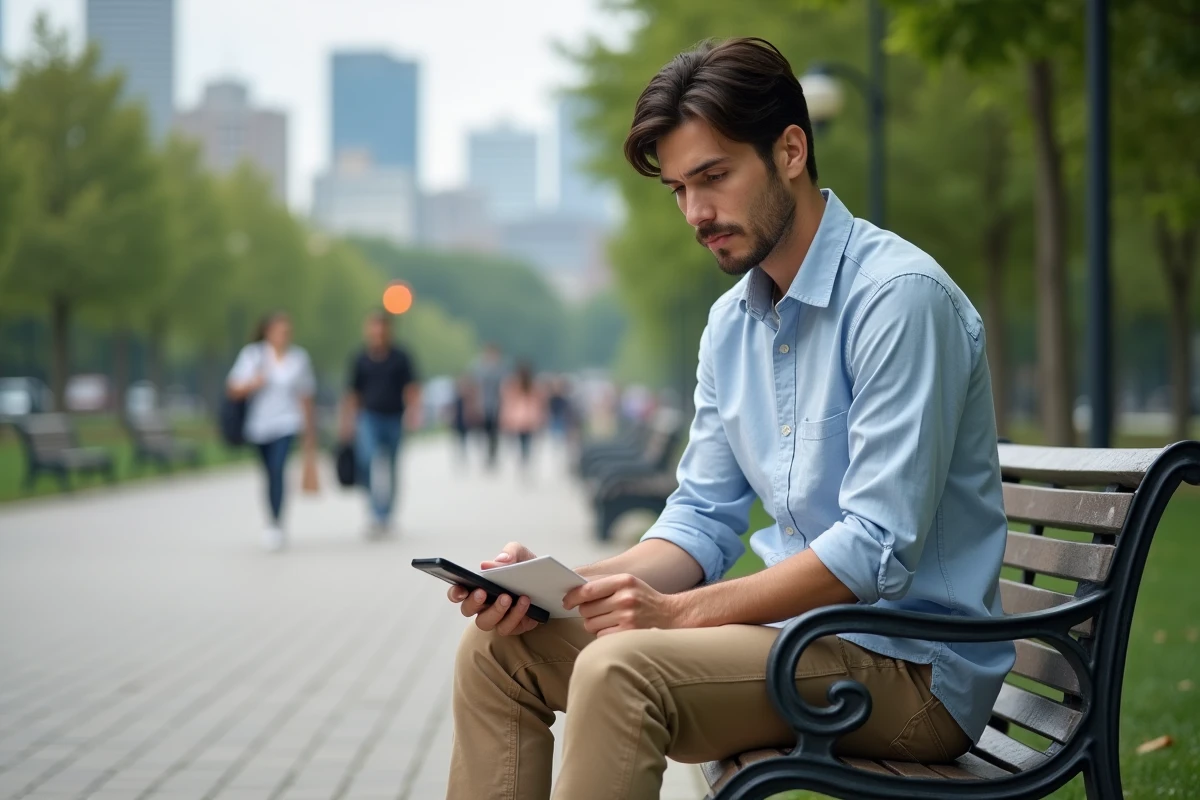 Jeune homme assis sur un banc de parc avec lettre et téléphone