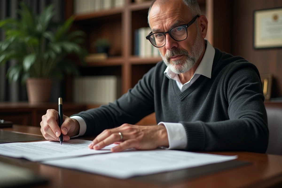Homme signant un document juridique dans un bureau professionnel