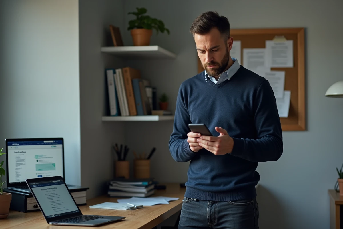 Homme consultant son smartphone dans un bureau à domicile pour contacter Pajemploi en cas de ligne occupée