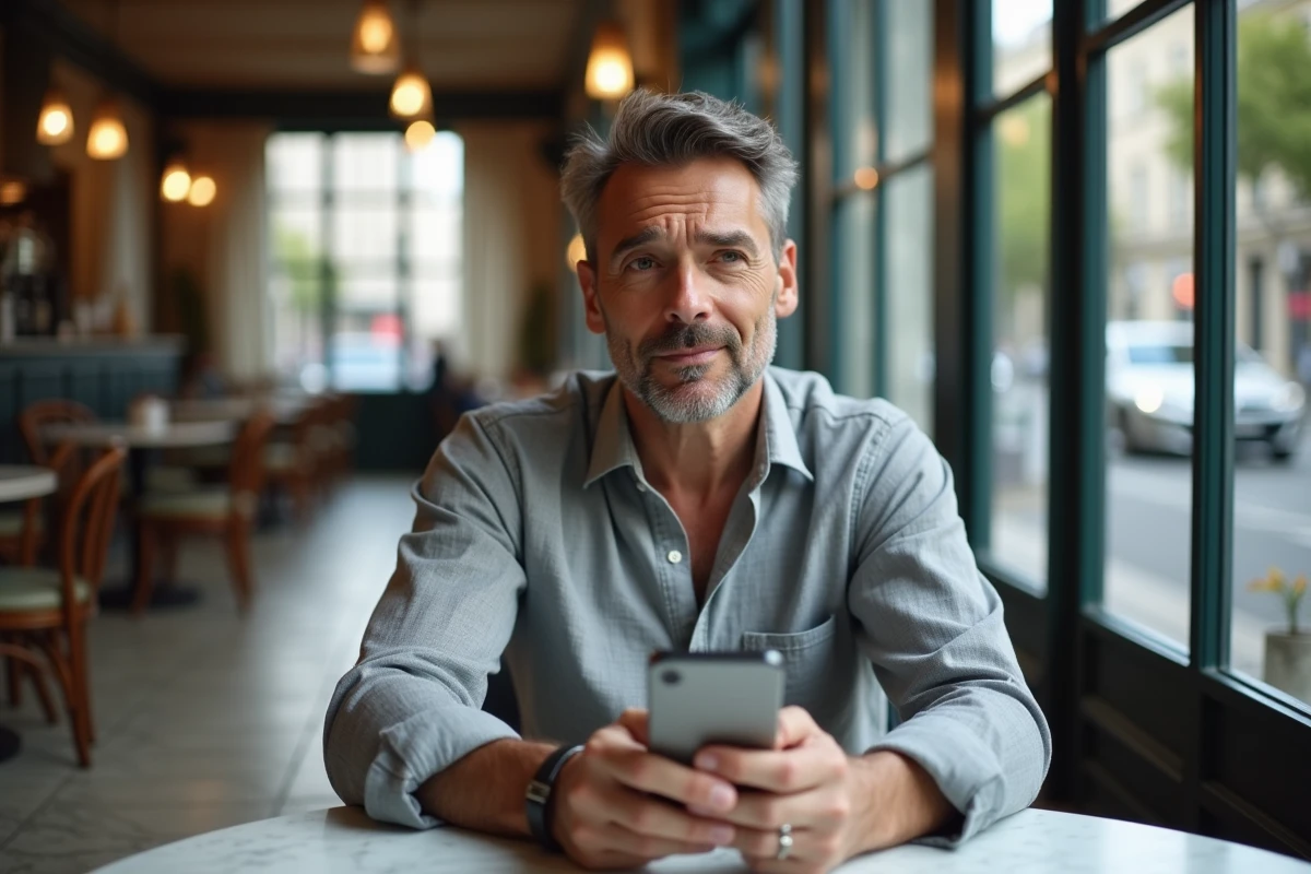 Homme dans un café parisien consultant son smartphone avec une expression dubitative face à une photo circulant sur les réseaux sociaux