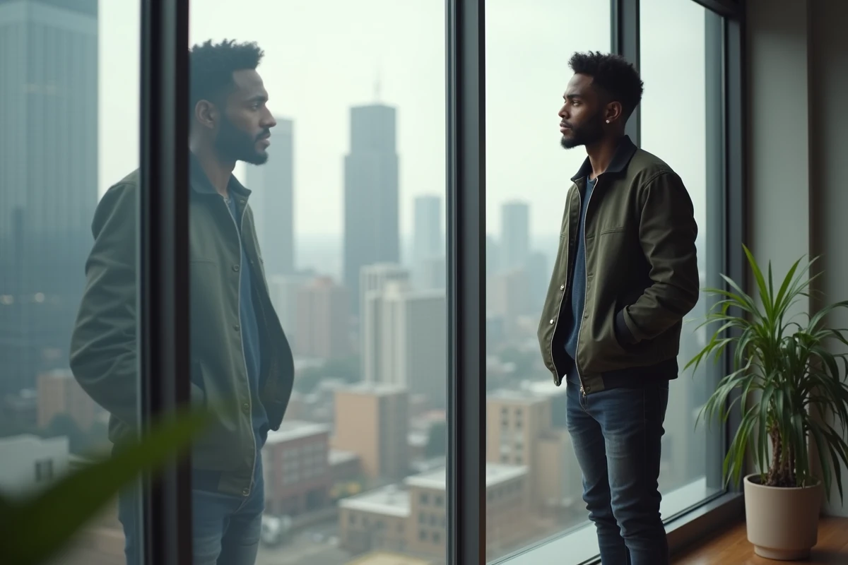 Homme noir regardant la ville depuis une fenêtre intérieure