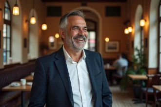 Portrait chaleureux d'un homme souriant dans un café parisien, illustrant la personnalité attachante et discrète d'un humoriste protégeant sa vie privée