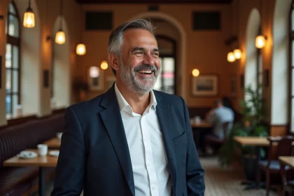 Portrait chaleureux d'un homme souriant dans un café parisien, illustrant la personnalité attachante et discrète d'un humoriste protégeant sa vie privée