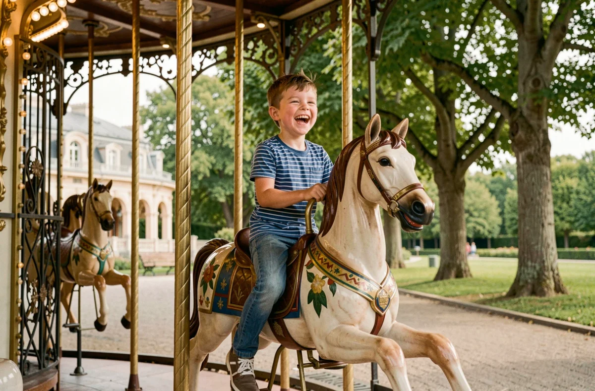Jeune garçon souriant sur un cheval de carrousel vintage au Jardin d'Acclimatation, parc historique pour enfants à Paris