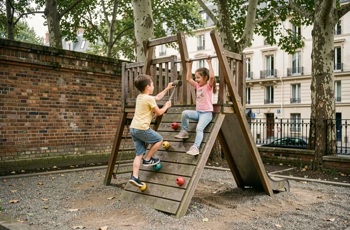 Deux jeunes enfants jouant sur une structure en bois au Jardin de la Folie Titon, aire de jeux de quartier remarquable à Paris