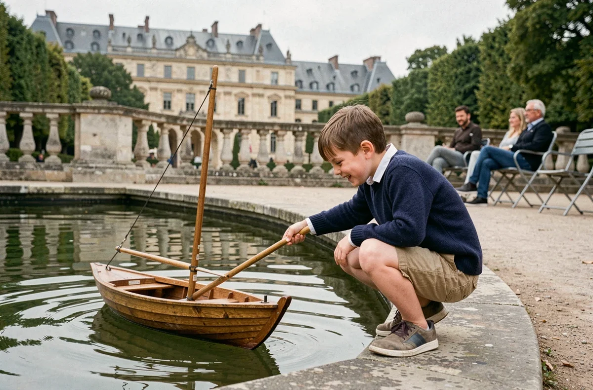Garçon guidant un voilier en bois sur le bassin octogonal du Jardin du Luxembourg, jeux en plein air dans le parc parisien