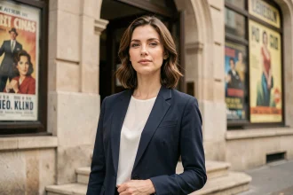 Actrice française élégante devant une façade de cinéma parisien, incarnant la carrière cinématographique de Jeanne Bournaud