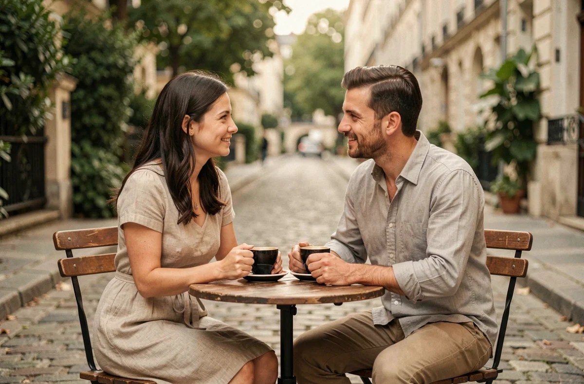 Couple discutant intimement à la terrasse d'un café parisien, illustrant la vie de couple préservée et discrète