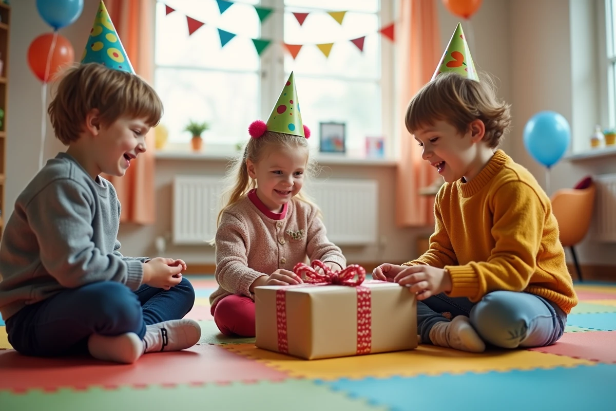 Enfants jouant au cadeau empoisonné assis en cercle lors d'une fête d'anniversaire en intérieur