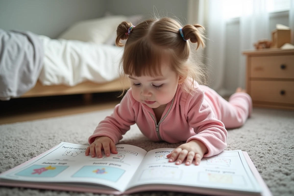 Fillette de 3 ans allongée sur un tapis jouant avec une activité imprimée gratuite de jeu calme du soir pour la petite section maternelle