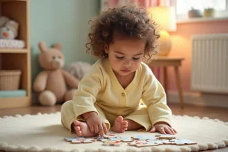 Petite fille de 2-3 ans en pyjama jaune jouant calmement avec un puzzle en bois le soir dans une chambre de maternelle apaisante