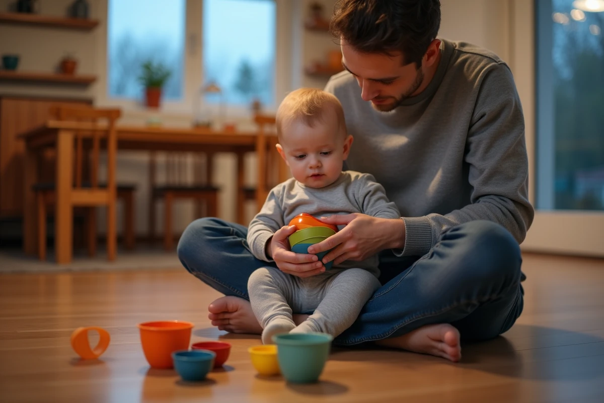 Bébé de 1 an et parent assis sur un parquet, jouant ensemble avec des tasses de tri colorées en silicone en soirée