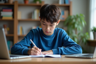 Jeune garçon concentré à écrire dans un bureau calme