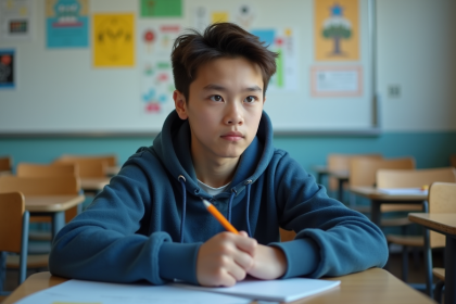 Adolescent pensif assis en classe avec un hoodie bleu