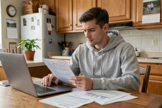Jeune adulte consultant des documents administratifs à la table familiale pour constituer un dossier de justificatif de domicile