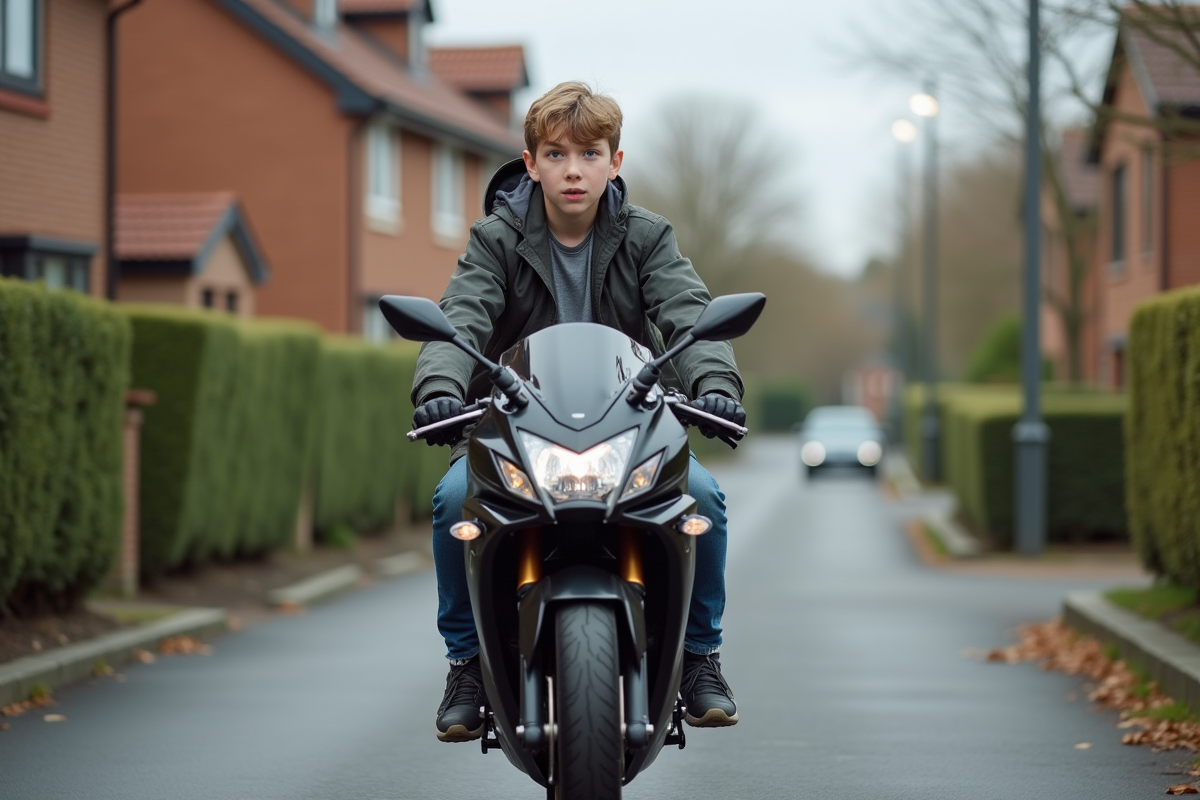 Jeune garçon de 14 ans sur une moto dans un quartier calme