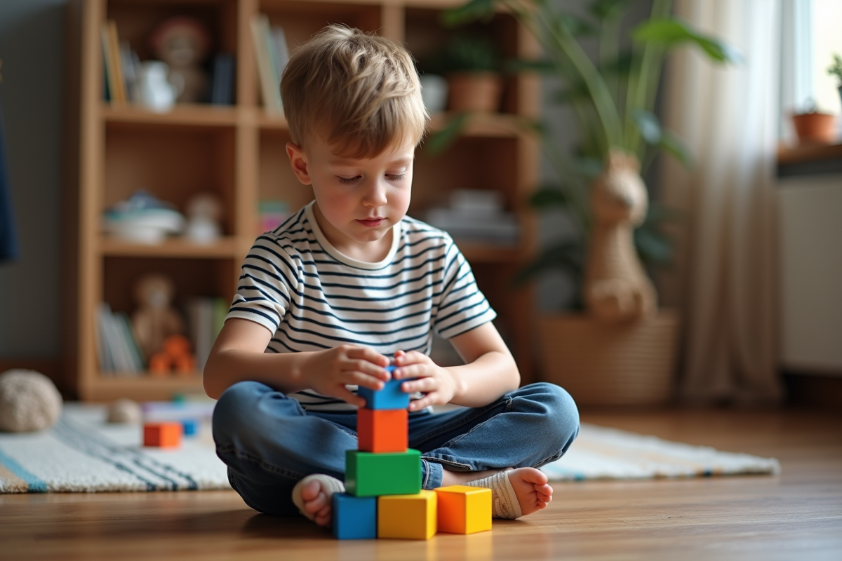 Jeune garçon de 7 ans jouant avec des blocs colorés dans le salon
