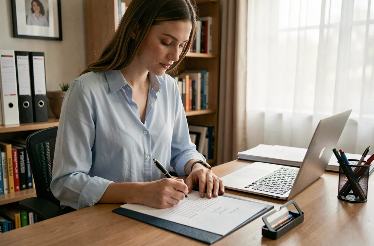 Jeune femme signant une attestation d'hébergement manuscrite dans un bureau familial pour justifier son domicile
