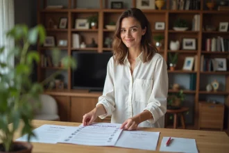 Jeune femme souriante imprimant les 10 commandements pour parrain