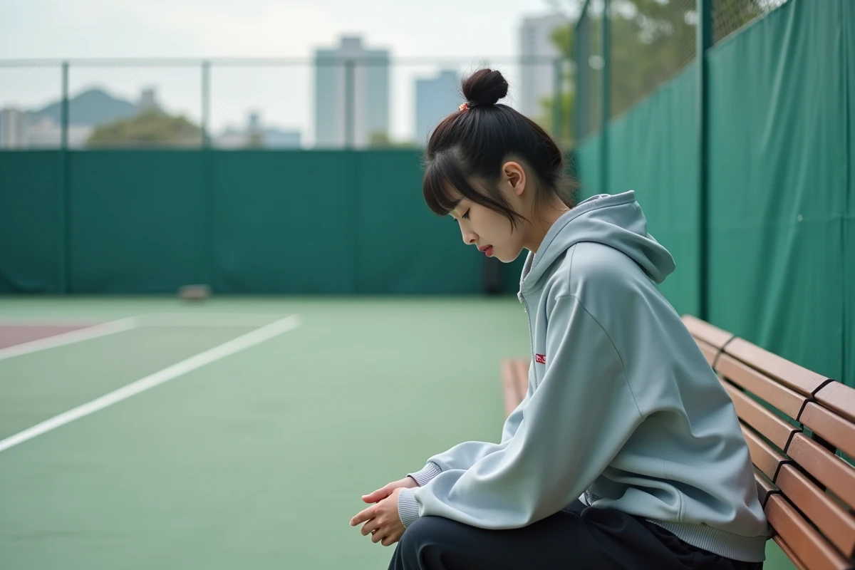 Jeune femme japonaise en sportwear sur un court de tennis