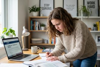 Jeune fille concentrée en étude pour SESAME dans un bureau moderne