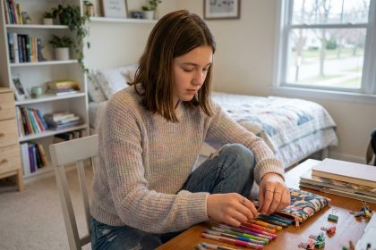 Jeune fille organisée dans son bureau avec accessoires scolaires