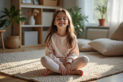 Jeune fille assise en tailleur sur un tapis cosy avec un sourire naturel