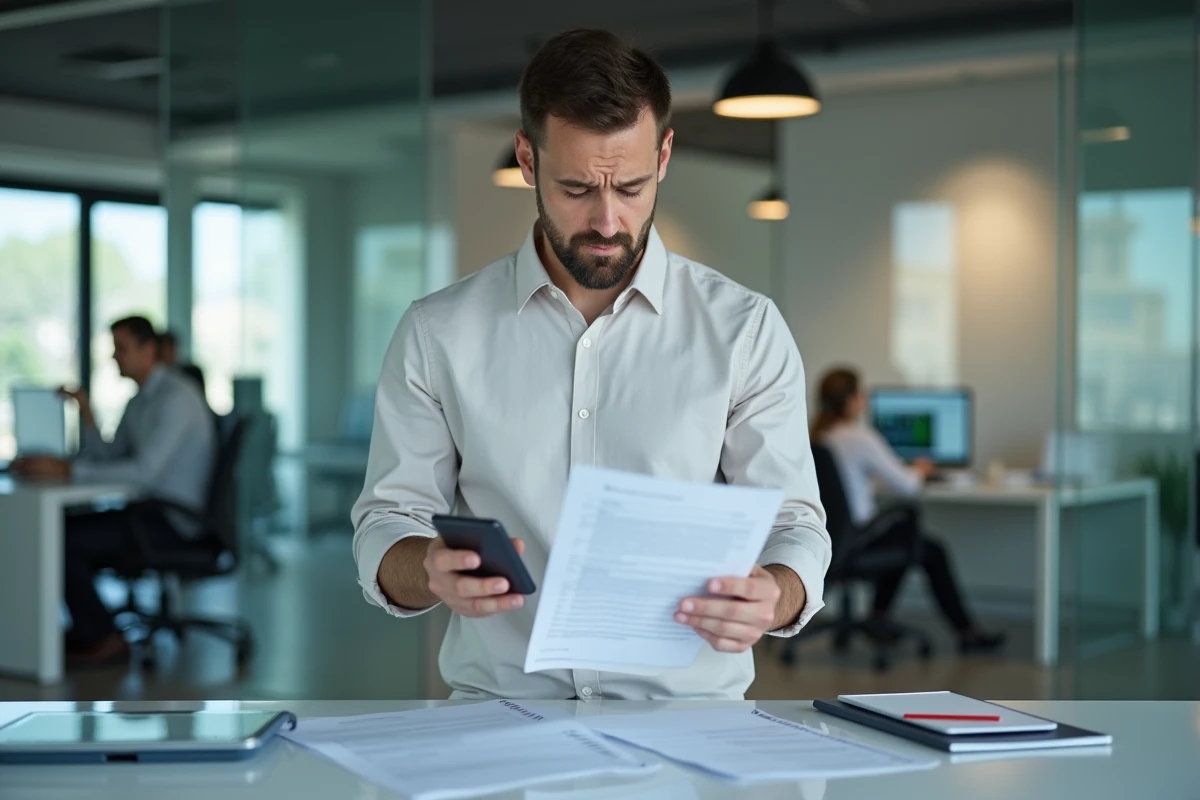 Jeune homme au bureau regardant un formulaire
