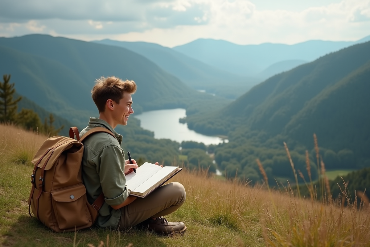 Jeune homme dessinant en nature dans un parc européen