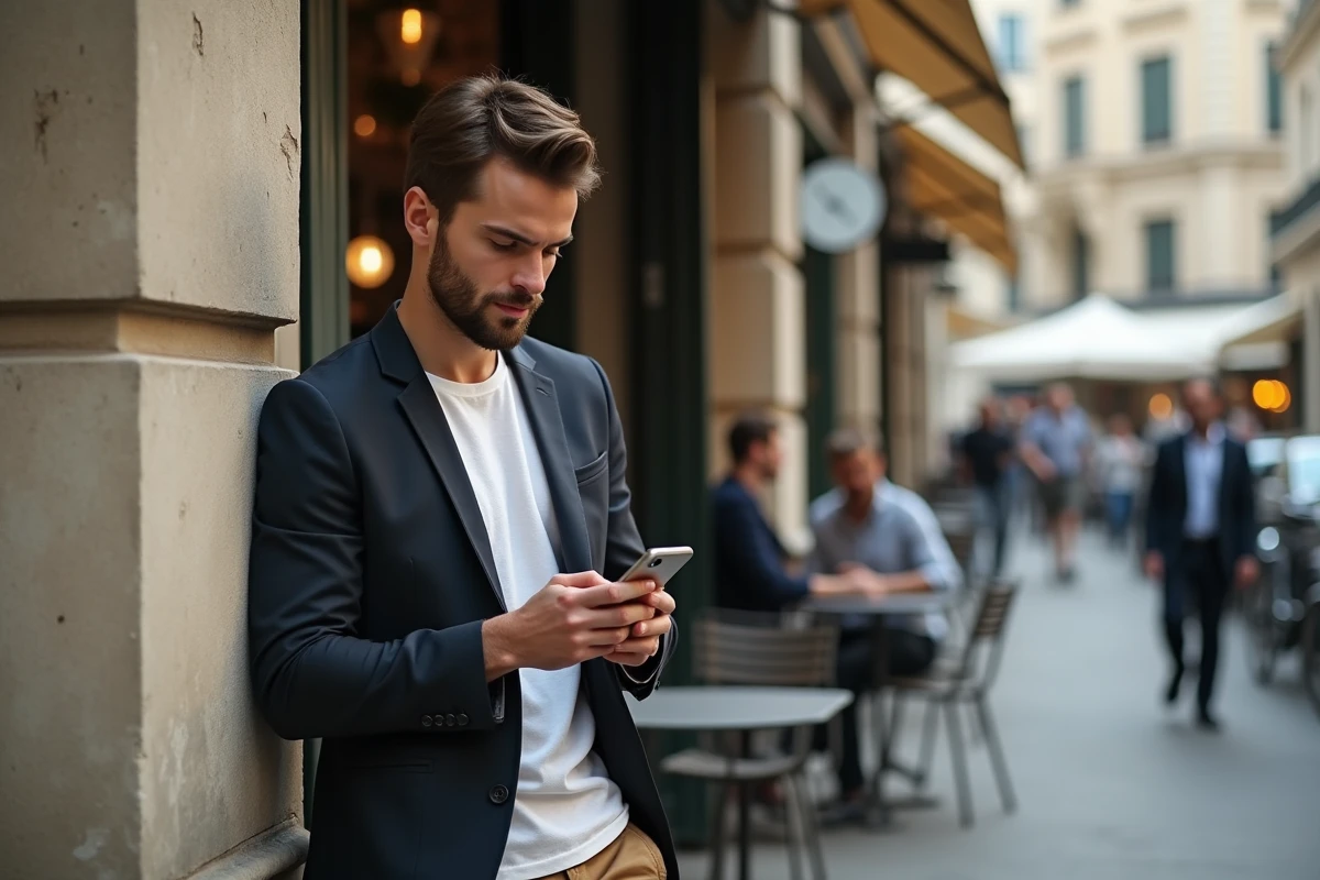 Jeune homme en blazer regardant son smartphone devant un café parisien