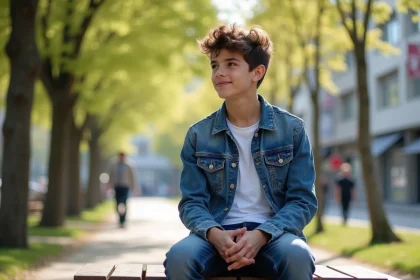 Jeune garçon de 15 ans assis dans un parc urbain ensoleille