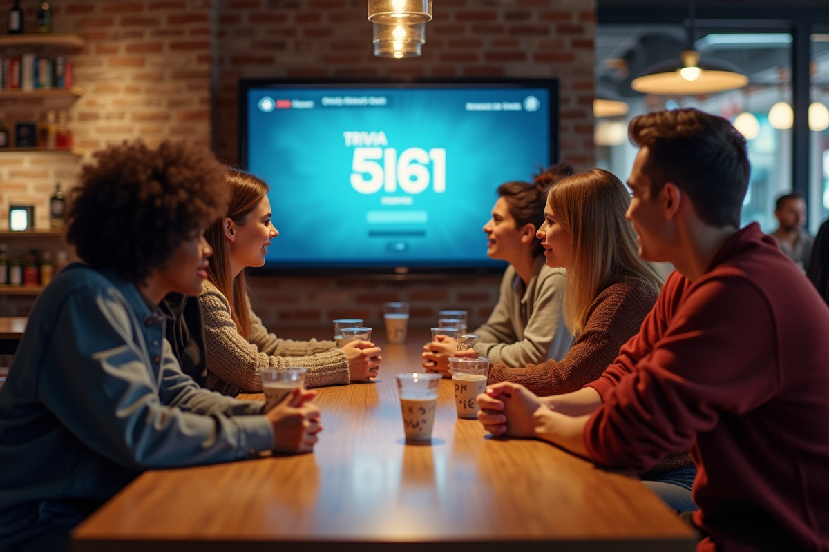 Jeunes adultes jouant à un jeu de trivia au café