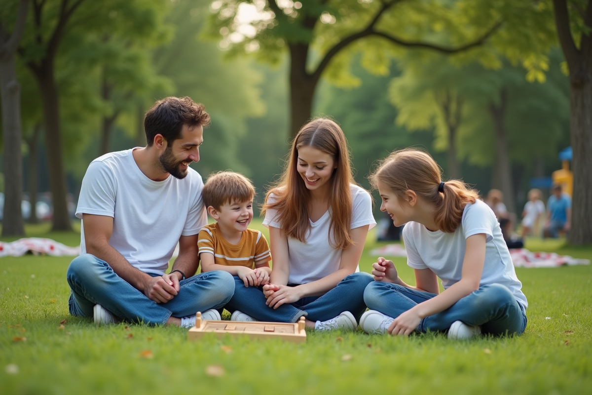 Jeune couple et enfants jouant dans un parc en plein air