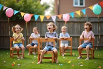 Groupe d'enfants jouant aux chaises musicales dans un jardin décoré pour un anniversaire